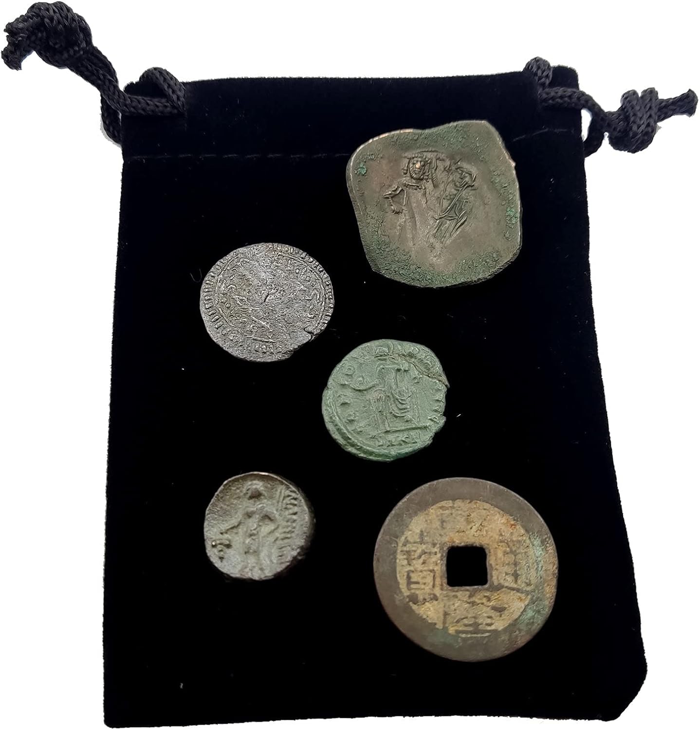 IMPACTO COLECCIONABLES 5 Original Coins from Ancient Empires in a Coin Bag - Greek Empire, Roman Empire, Byzantine Empire, Ottoman Empire and The Last Chinese Dynasty - Limited Collection