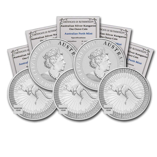 2015 - Present (Random Year) P Lot of (5) 1 oz Australian Silver Kangaroo Coin Brilliant Uncirculated with Certificates of Authenticity $1 Seller BU