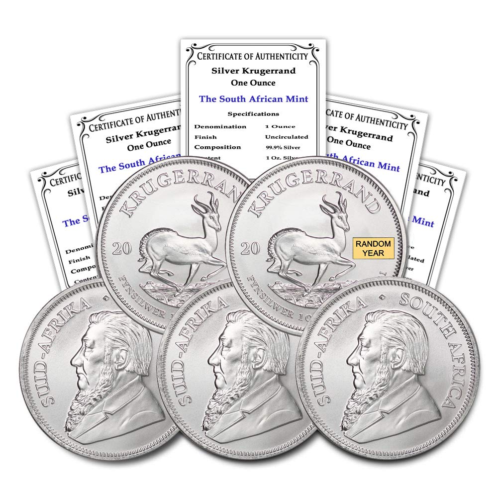 2017 - Present (Random Year) South Africa 1 oz Silver Krugerrand Lot of (5) Coins Brilliant Uncirculated with Certificates of Authenticity 1 Rand (R1) Seller BU