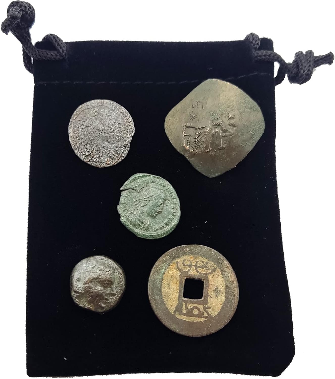 IMPACTO COLECCIONABLES 5 Original Coins from Ancient Empires in a Coin Bag - Greek Empire, Roman Empire, Byzantine Empire, Ottoman Empire and The Last Chinese Dynasty - Limited Collection