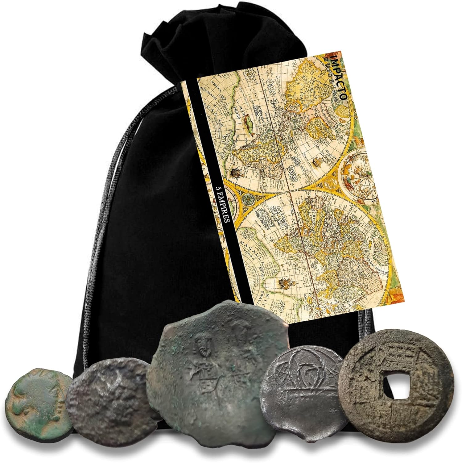 IMPACTO COLECCIONABLES 5 Original Coins from Ancient Empires in a Coin Bag - Greek Empire, Roman Empire, Byzantine Empire, Ottoman Empire and The Last Chinese Dynasty - Limited Collection