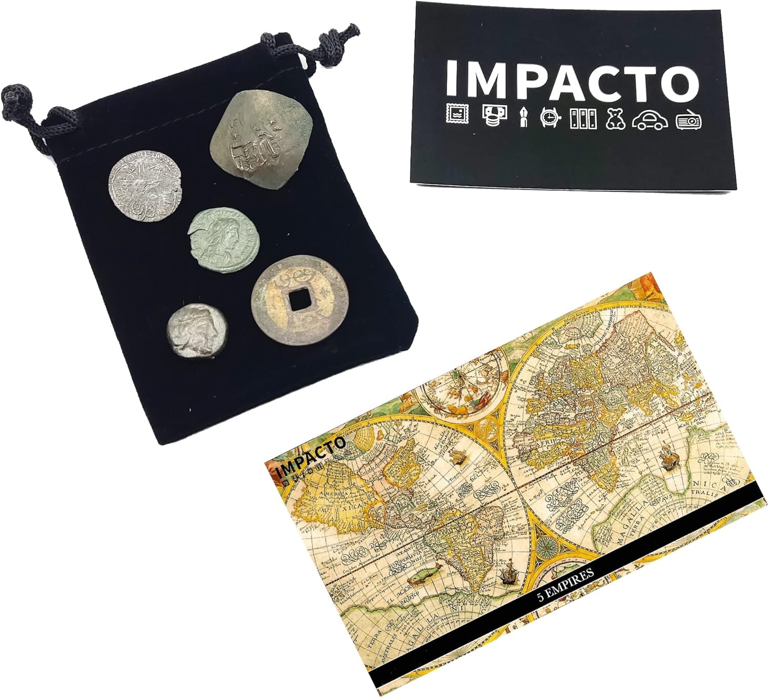 IMPACTO COLECCIONABLES 5 Original Coins from Ancient Empires in a Coin Bag - Greek Empire, Roman Empire, Byzantine Empire, Ottoman Empire and The Last Chinese Dynasty - Limited Collection