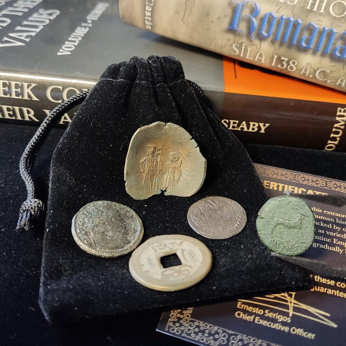 IMPACTO COLECCIONABLES 5 Original Coins from Ancient Empires in a Coin Bag - Greek Empire, Roman Empire, Byzantine Empire, Ottoman Empire and The Last Chinese Dynasty - Limited Collection