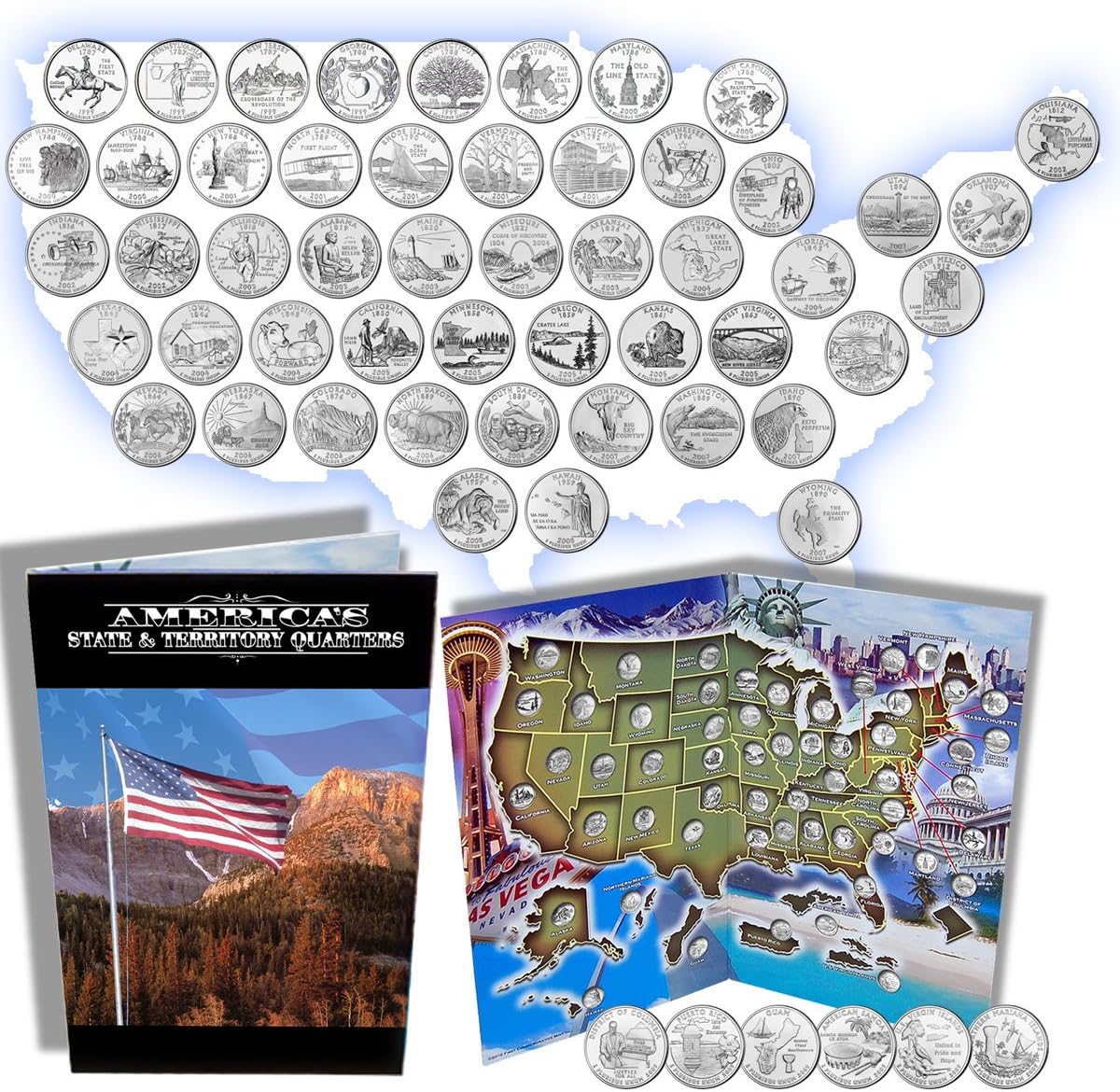 Complete 50 Uncirculated State (99-08) Quarter Collection Set + 6 Territory Quarters from The US Territories Program in a Beautiful Folder Display Book (Complete Set)