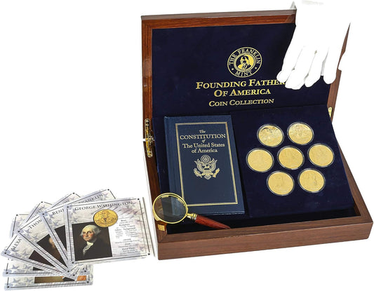 The Franklin Mint Founding Fathers Coin Collection - 7-Piece 24-Karat Gold-Plated Collectible Coins with Wood and Metal Storage Box - United States of America Leaders - Complete Set