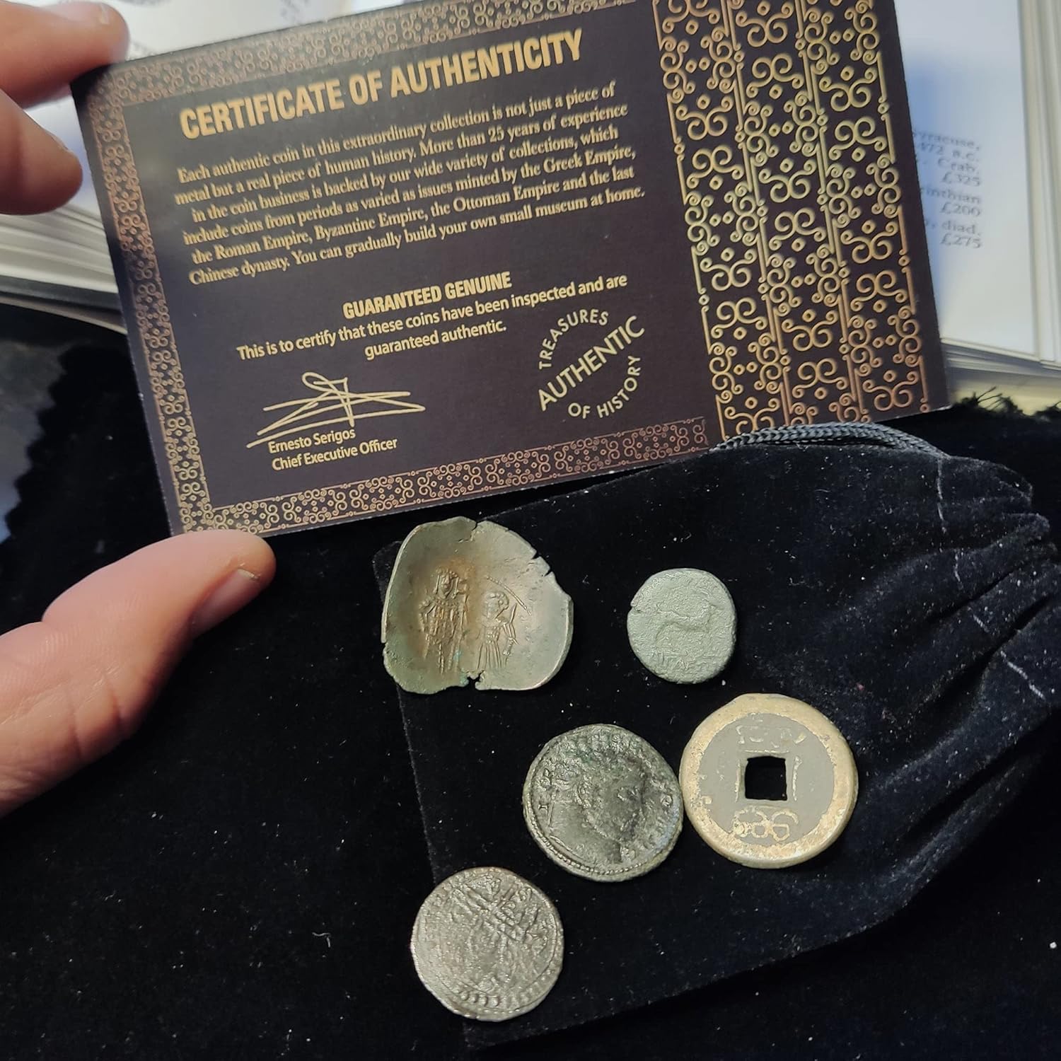 IMPACTO COLECCIONABLES 5 Original Coins from Ancient Empires in a Coin Bag - Greek Empire, Roman Empire, Byzantine Empire, Ottoman Empire and The Last Chinese Dynasty - Limited Collection