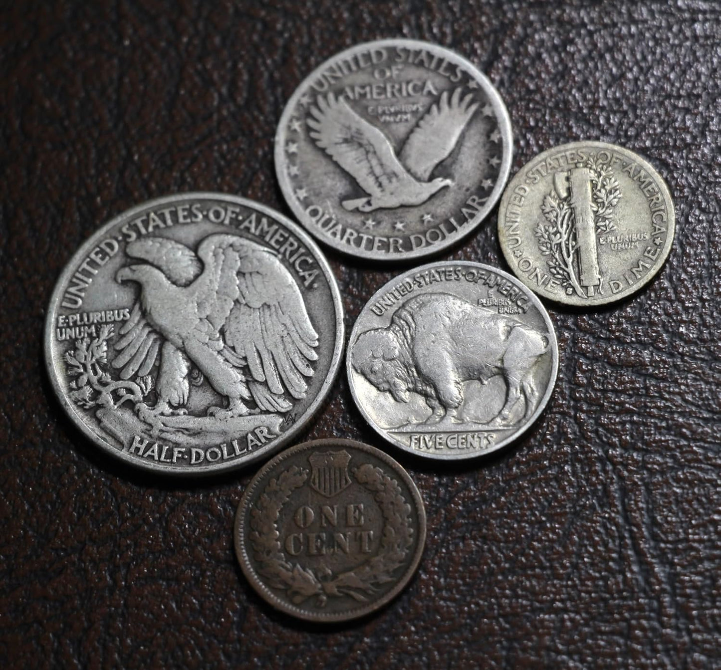 Old U.S. Silver Coins 5 Coin Collection Set - Indian Head Cent, Buffalo Nickel, Mercury Dime, Standing Liberty Quarter, Walking Liberty Half Dollar